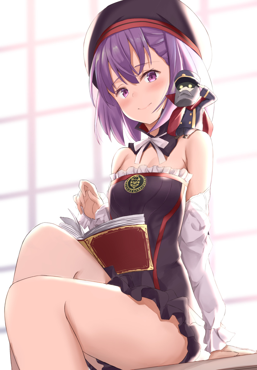 1girl absurdres bare_shoulders blush book breasts detached_sleeves fate/grand_order fate_(series) hat helena_blavatsky_(fate/grand_order) highres looking_at_viewer maosame purple_hair salute short_hair small_breasts smile solo violet_eyes
