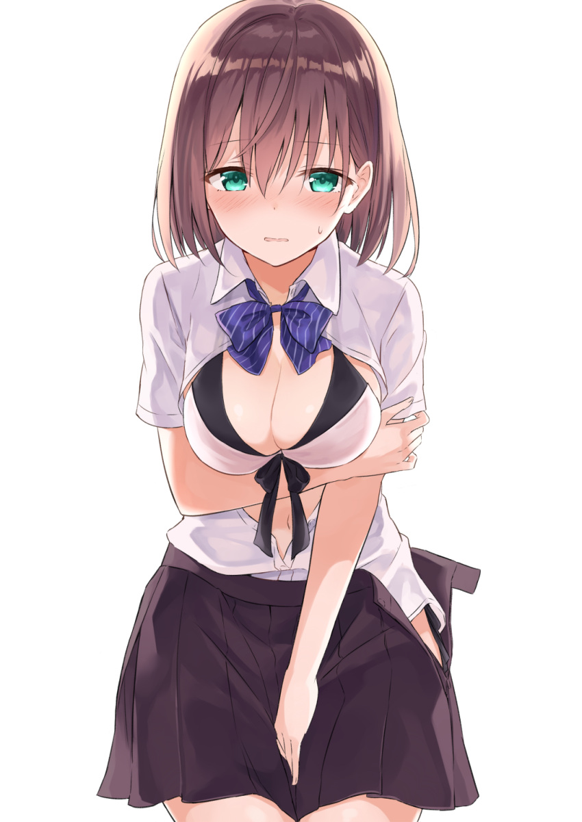 1girl azuuru bangs black_skirt blush bra breast_hold breasts brown_hair cleavage commentary_request embarrassed front-tie_top green_eyes highres looking_at_viewer medium_breasts open_clothes open_mouth open_shirt open_skirt original pleated_skirt school_uniform shirt short_hair simple_background skirt solo sweat underwear undressing white_background white_bra