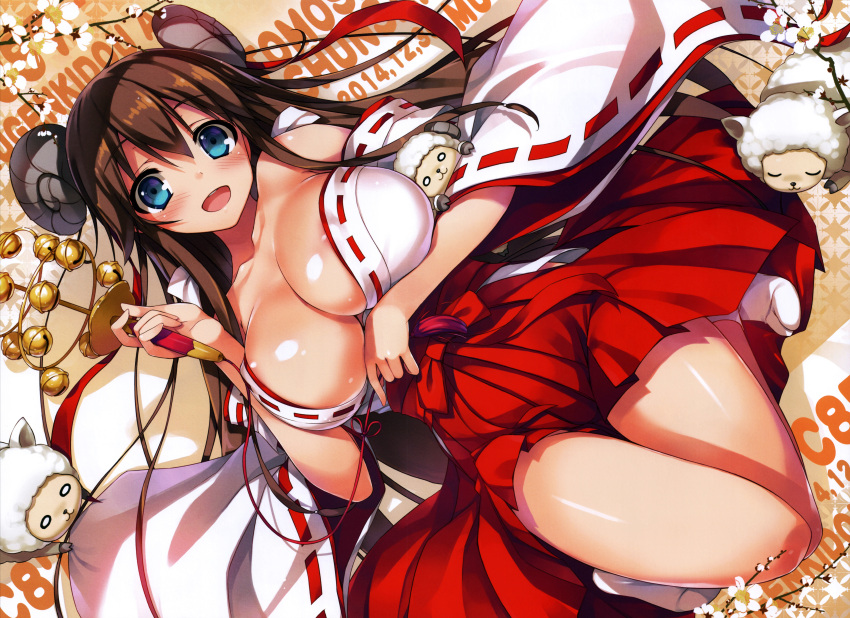 1girl absurdres bangs blue_eyes blush breasts brown_hair cleavage collarbone eyebrows_visible_through_hair flower hakama highres holding horns huge_filesize japanese_clothes large_breasts looking_at_viewer lying on_back open_mouth red_hakama smile solo tomose_shunsaku wide_sleeves