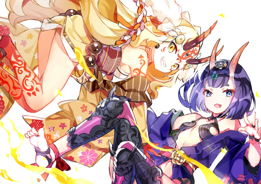 2girls absurdres bangs blonde_hair blue_eyes breasts fang fate/grand_order fate_(series) floating_hair floral_print grin hand_up headpiece highres ibaraki_douji_(fate/grand_order) japanese_clothes kimono leg_tattoo long_hair looking_at_viewer mana_(418208360) multiple_girls oni oni_horns open_mouth purple_hair purple_kimono revealing_clothes shuten_douji_(fate/grand_order) simple_background small_breasts smile soles tattoo thick_eyebrows toes white_background yellow_eyes yellow_kimono