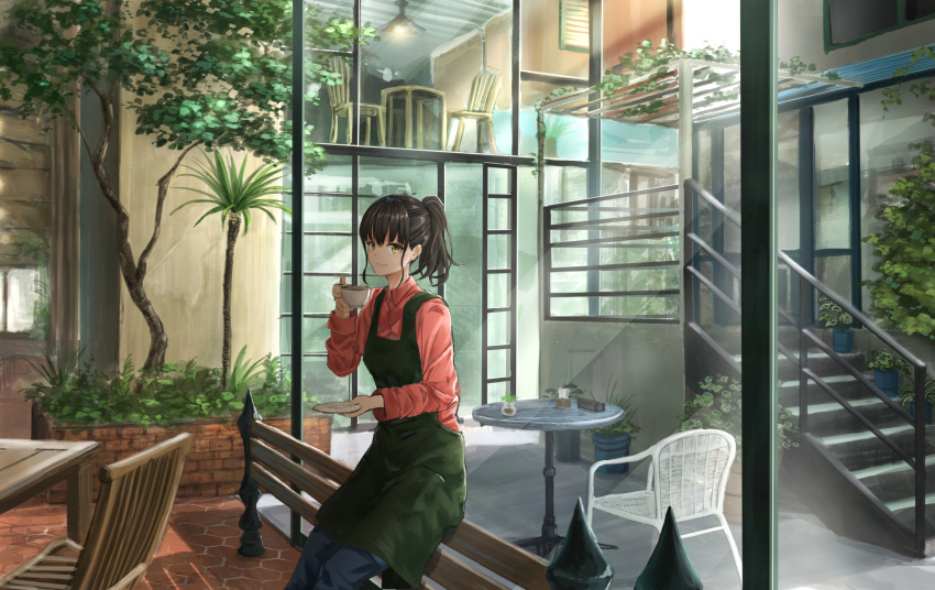 1girl apron black_hair blush chair coffee_cup cup green_apron highres holding holding_cup holding_plate k_ryo looking_at_viewer original plate short_hair short_ponytail smile solo table yellow_eyes