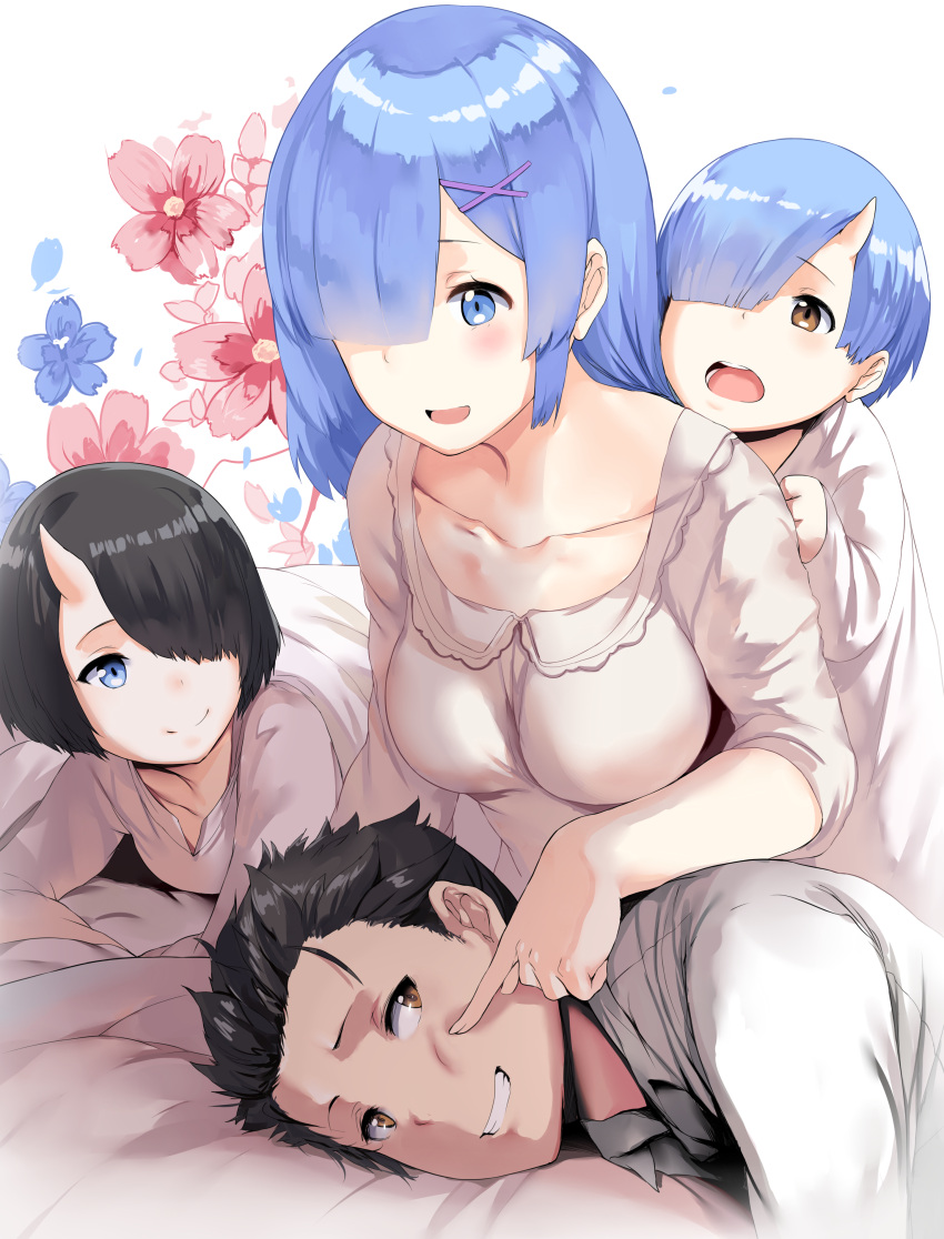 2boys 2girls :d absurdres alternate_hair_length alternate_hairstyle bed_sheet black_hair blanket blue_eyes blue_hair blush breasts cheek_poking child clenched_hand closed_mouth collarbone commentary eyelashes family floral_background grin hair_ornament hair_over_one_eye happy hetero hews_hack highres horn husband_and_wife if_they_mated lingerie long_sleeves looking_at_another looking_to_the_side lying medium_breasts multiple_boys multiple_girls natsuki_rigel natsuki_spica natsuki_subaru negligee nightgown on_bed on_side on_stomach one_eye_covered oni oni_horns open_mouth patreon_reward poking re:zero_kara_hajimeru_isekai_seikatsu rem_(re:zero) short_hair siblings sleepwear sleeves_past_elbows smile spoilers underwear white_background x_hair_ornament yellow_eyes