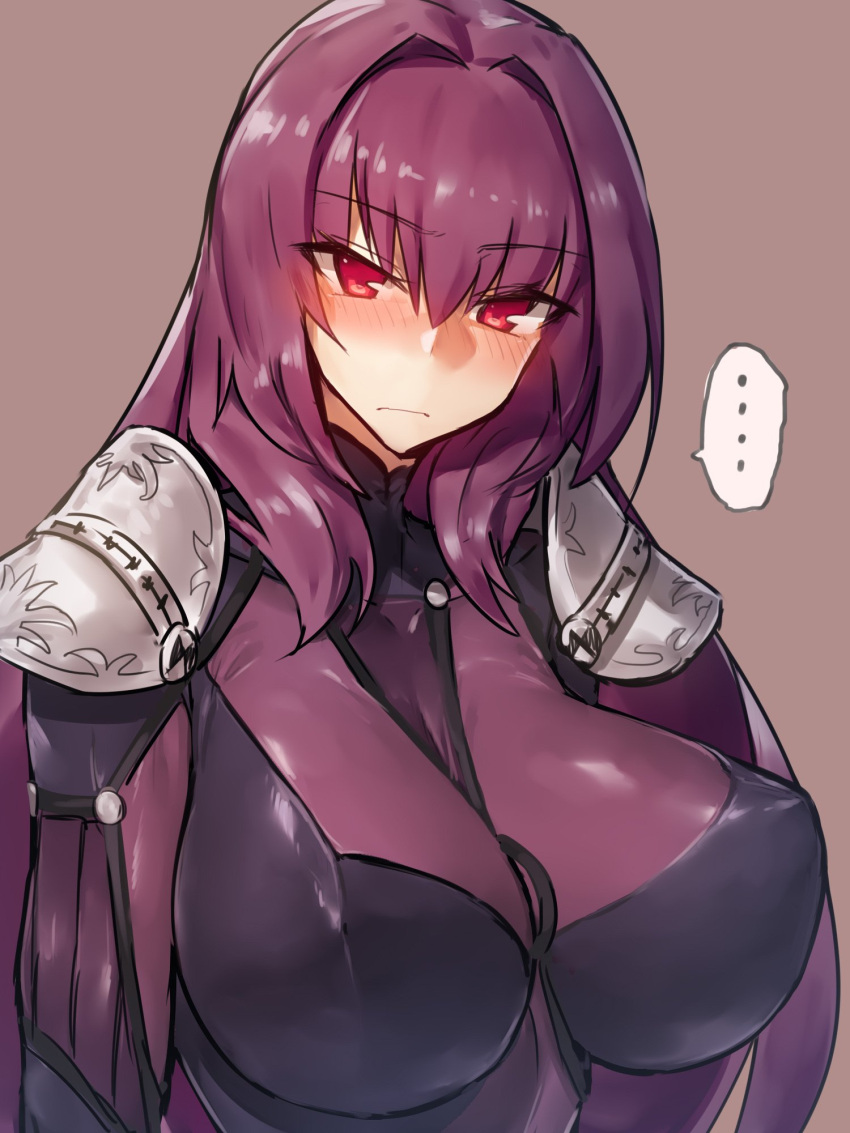 ... 1girl armor bangs blush bodysuit breasts commentary_request eyebrows_visible_through_hair fate/grand_order fate_(series) hair_intakes highres large_breasts long_hair looking_at_viewer melon22 pauldrons purple_background purple_bodysuit purple_hair red_eyes scathach_(fate/grand_order) shoulder_armor solo