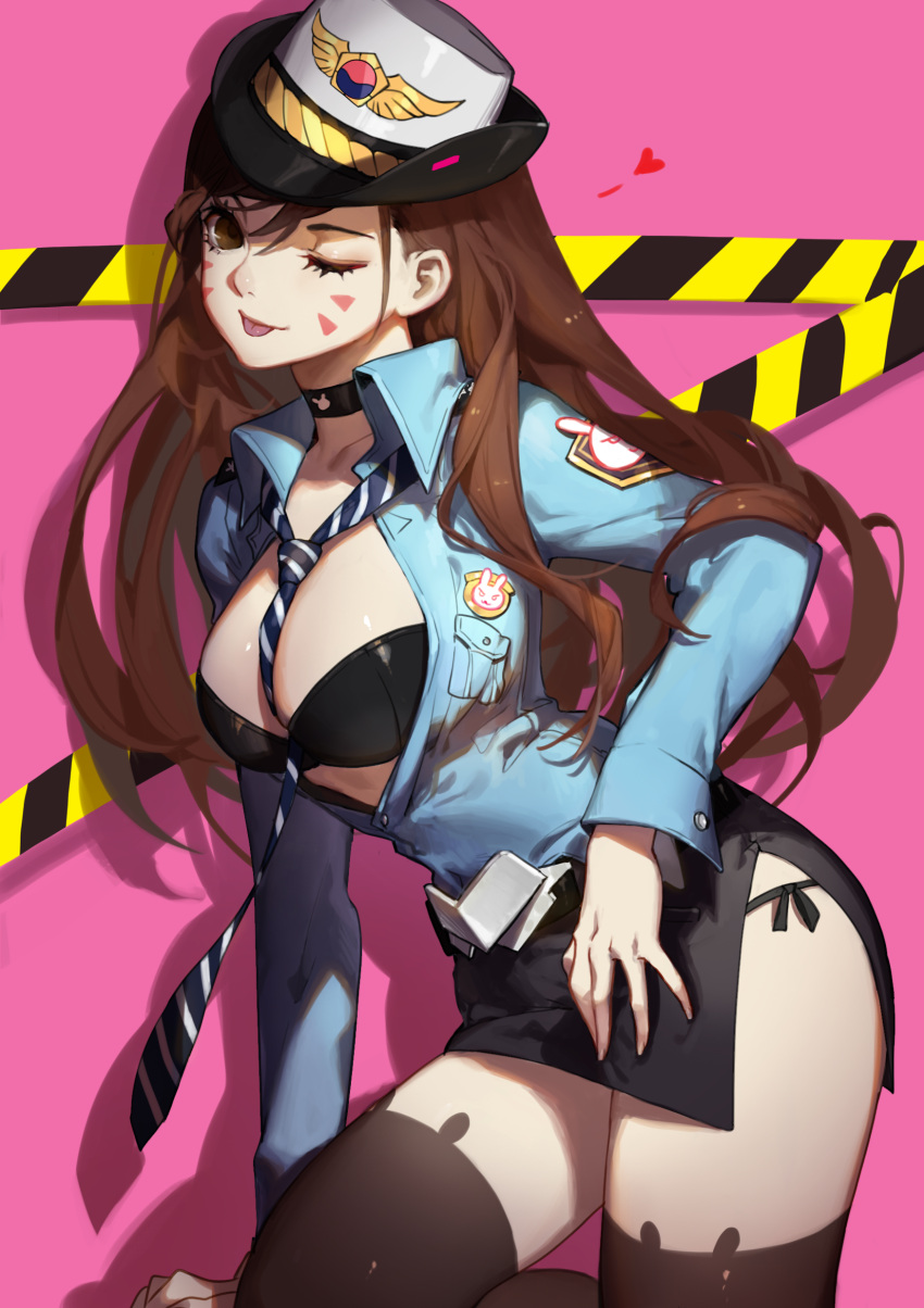 1girl ;p absurdres adapted_costume alternate_costume animal_print bangs between_breasts black_bra black_legwear black_panties black_skirt blue_shirt bra breast_pocket breasts brown_eyes brown_hair bunny_band_legwear bunny_print cleavage collarbone collared_shirt d.va_(overwatch) dated facepaint female_service_cap hazard_stripes heart highres impossible_necktie leaning_forward leg_up long_hair long_sleeves looking_at_viewer looking_to_the_side medium_breasts miniskirt necktie necktie_between_breasts officer_d.va one_eye_closed overwatch panties patreon_logo patreon_reward patreon_username pink_background pocket shadow shirt side-tie_panties side_slit skirt solo songjikyo spoken_heart striped striped_necktie thigh-highs tongue tongue_out underwear whisker_markings