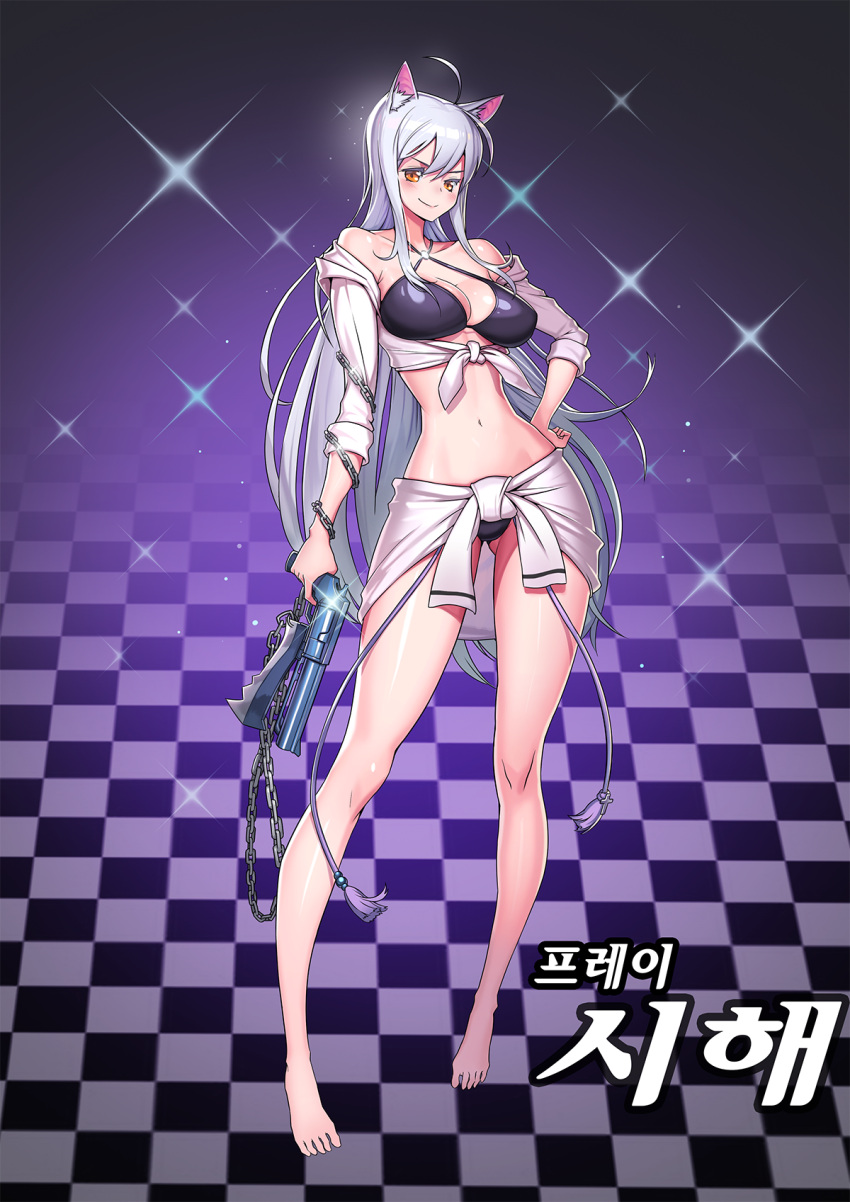 1girl animal_ears bare_shoulders breasts cat_ears cleavage collarbone dungeon_and_fighter gun hand_on_hip highres holding holding_gun holding_weapon kim_jin_sung large_breasts long_hair looking_at_viewer navel orange_eyes silver_hair solo weapon