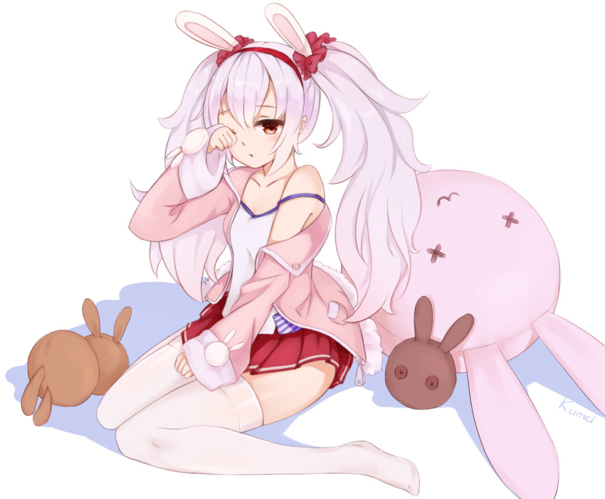 bilan_hangxian collarbone laffey_(bilan_hangxian) lavender_hair long_hair looking_at_viewer red_eyes shirt sitting solo stuffed_animal stuffed_toy thigh-highs twintails waking_up white_background white_legwear