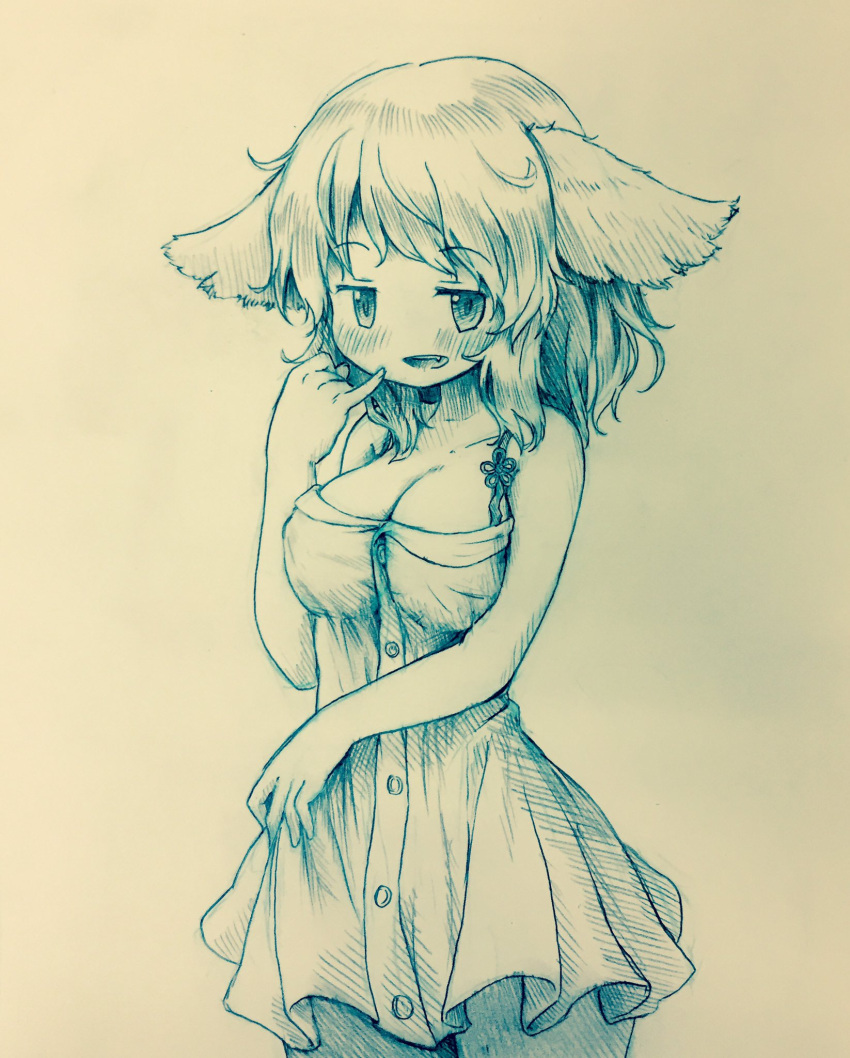 1girl animal_ears arinu bare_arms blush breasts buttons cleavage dress eyebrows_visible_through_hair fang highres kasodani_kyouko large_breasts looking_at_viewer medium_hair monochrome pinky_out smile solo standing touhou traditional_media