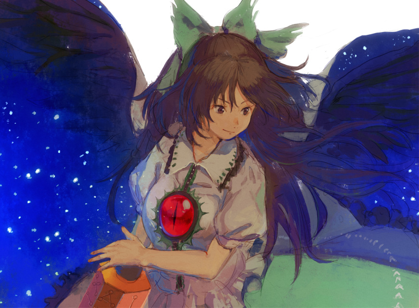 1girl alternate_eye_color arm_cannon bangs black_wings bow breasts brown_eyes brown_hair cape collared_shirt feathered_wings frilled_shirt frilled_shirt_collar frills green_skirt hair_bow kagari_(kgr_000) long_hair long_skirt looking_down looking_to_the_side puffy_sleeves red_eyes reiuji_utsuho shirt short_sleeves skirt solo space third_eye touhou weapon white_shirt wings