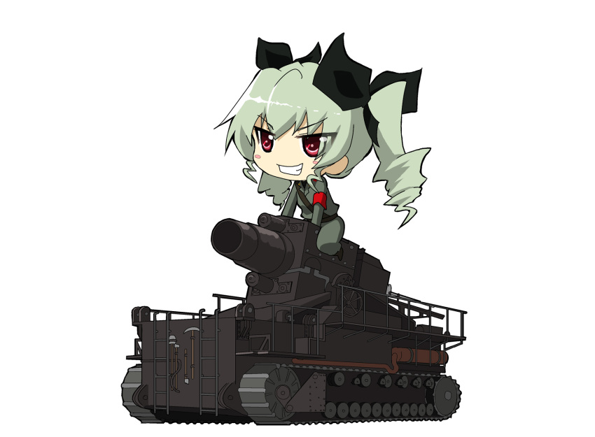 anchovy anzio_military_uniform chibi girls_und_panzer green_hair ground_vehicle highres jinguu_(4839ms) karl_gerat military military_vehicle motor_vehicle redhead self-propelled_gun tank white_background