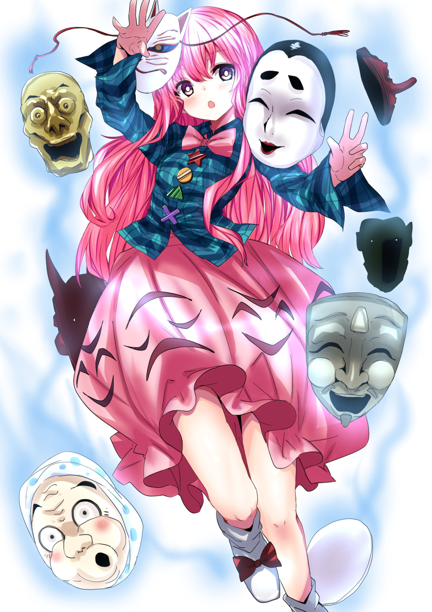 1girl :o absurdres bow bowtie bright_pupils bubble_skirt fox_mask green_shirt hata_no_kokoro highres long_hair long_sleeves looking_at_viewer mask monkey_mask noh_mask oni_mask pink_bow pink_bowtie pink_eyes pink_hair pink_skirt plaid plaid_shirt shirt shoe_bow shoes skirt solo tengu_mask touhou v white_shoes zuwatake