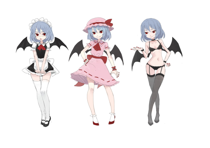 1girl alternate_costume bat_wings black_bra black_legwear black_panties black_shoes blue_hair bra breasts cleavage embarrassed enmaided fkey garter_belt hat hat_ribbon looking_at_viewer maid maid_headdress mob_cap nail_polish panties pink_skirt puffy_short_sleeves puffy_sleeves red_eyes red_nails red_ribbon red_shoes remilia_scarlet ribbon ribbon-trimmed_skirt shoes short_sleeves simple_background skirt small_breasts smile socks standing thigh-highs touhou underwear underwear_only v_arms variations white_background white_legwear wings wrist_cuffs