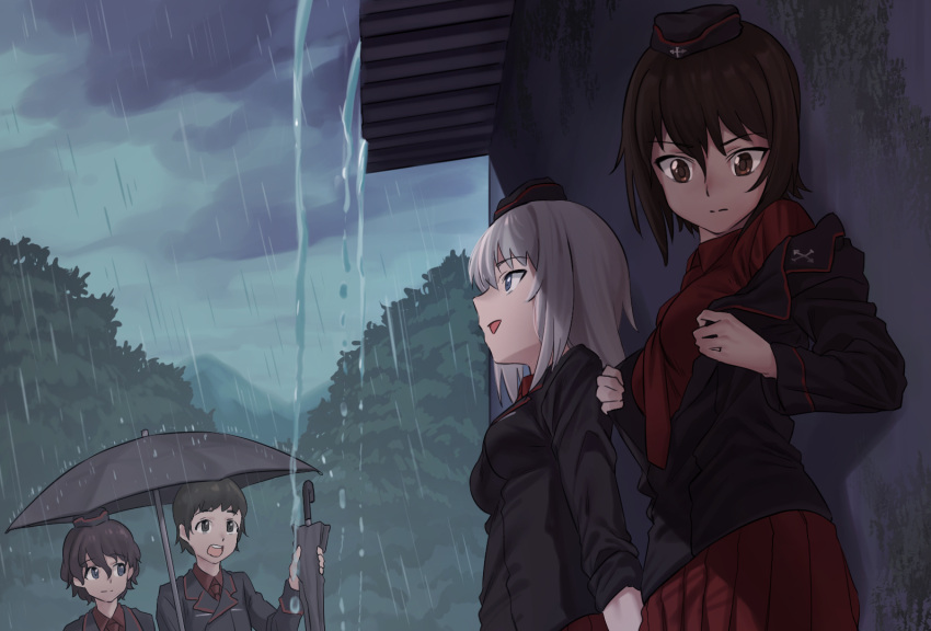 4girls akaboshi_koume black_jacket blue_eyes brown_eyes brown_hair garrison_cap girls_und_panzer hat holding holding_umbrella ichihyaku_nanajuu itsumi_erika jacket kuromorimine_military_uniform military military_uniform multiple_girls necktie nishizumi_maho off_shoulder rain red_necktie red_shirt red_skirt ritaiko_(girls_und_panzer) shirt silver_hair skirt umbrella under_umbrella uniform