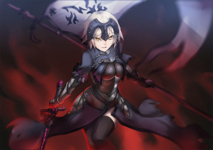 1girl ahoge armor armored_dress black_gloves blonde_hair breasts capelet chains elbow_gloves fate/apocrypha fate/grand_order fate_(series) flag gauntlets gloves headpiece jeanne_alter large_breasts ruler_(fate/apocrypha) solo sword weapon yellow_eyes