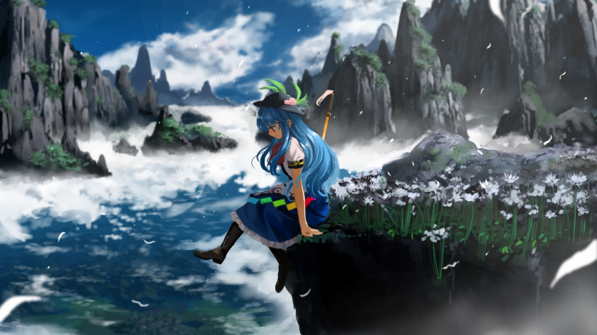 1girl blue_hair blue_sky boots clouds floating_island flower hat highres hinanawi_tenshi long_hair looking_down mountain neck_ribbon plant red_eyes ribbon scenery sitting skirt sky solo suna_(s73d) sword sword_of_hisou touhou weapon