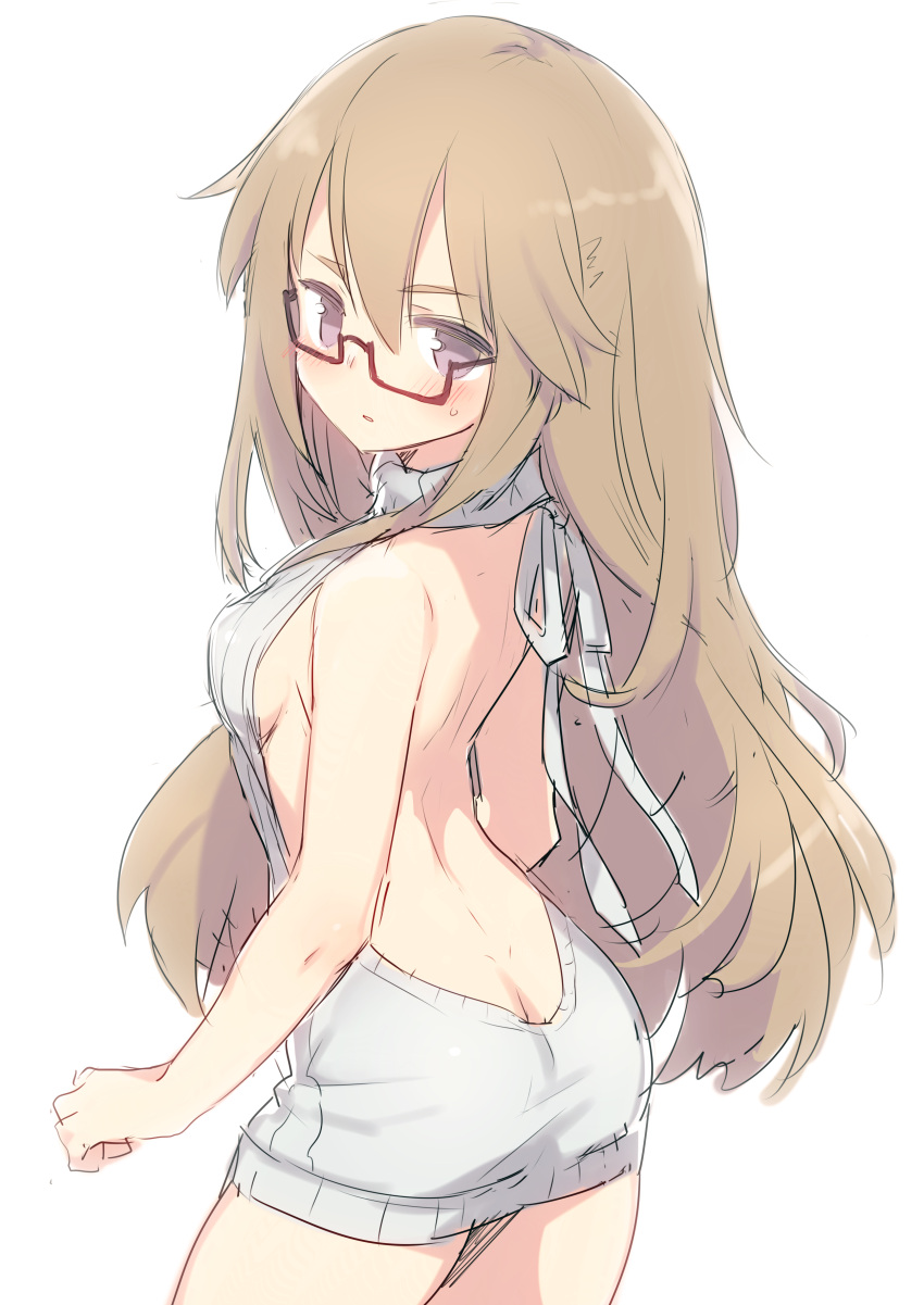 1girl absurdres aran_sweater backless_outfit bangs bare_back bare_shoulders blush breasts brown_hair butt_crack commentary_request dress dutch_angle from_behind glasses grey_sweater hair_between_eyes halterneck highres hiraga_matsuri long_hair looking_at_viewer looking_back medium_breasts meme_attire naked_sweater open-back_dress original parted_lips red-framed_eyewear ribbed_sweater semi-rimless_glasses sideboob simple_background sketch solo sweatdrop sweater sweater_dress turtleneck turtleneck_sweater under-rim_glasses very_long_hair violet_eyes virgin_killer_sweater white_background