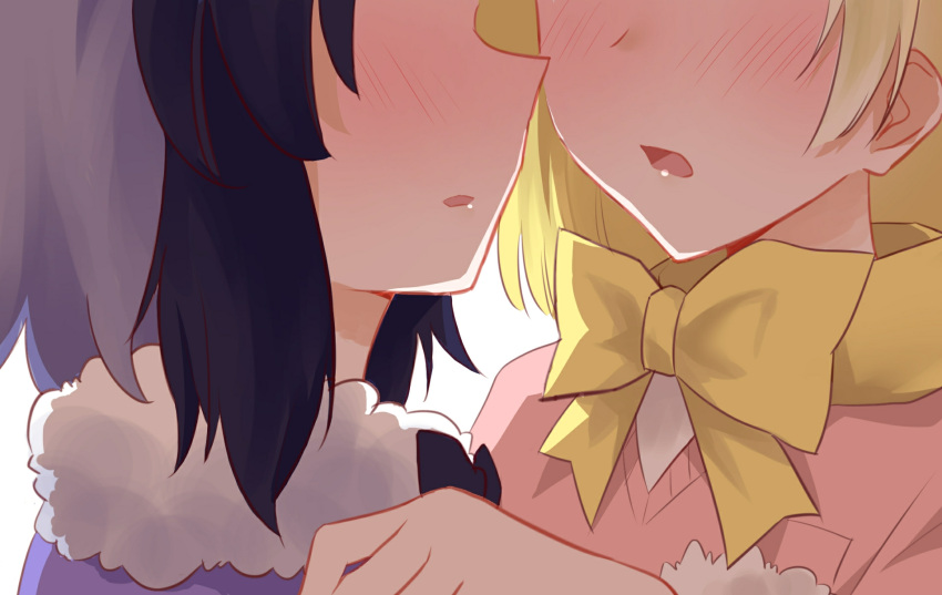 2girls artist_request black_hair blonde_hair blush bow bowtie commentary_request common_raccoon_(kemono_friends) face-to-face fennec_(kemono_friends) fur_collar grey_hair hand_on_another's_shoulder head_out_of_frame highres incipient_kiss kemono_friends multicolored_hair multiple_girls parted_lips short_hair yellow_bow yellow_bowtie yuri