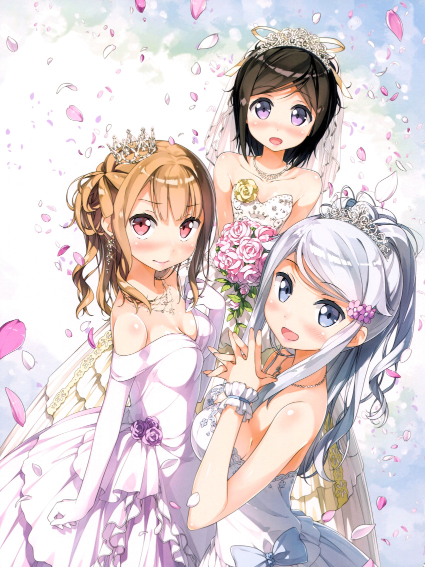 3: 3girls :d absurdres bangs black_hair blue_eyes blush bouquet breasts bridal_veil cleavage dress dutch_angle earrings elbow_gloves flower from_side glint gloves hair_flower hair_ornament hand_to_own_mouth hashima_chihiro highres imouto_sae_ireba_ii jewelry kani_nayuta kantoku looking_at_viewer medium_breasts multiple_girls necklace open_mouth own_hands_together petals pink_dress pink_gloves ponytail scan shirakawa_miyako short_hair sidelocks silver_hair smile strapless strapless_dress swept_bangs tiara veil wedding_dress white_dress wrist_cuffs yellow_dress