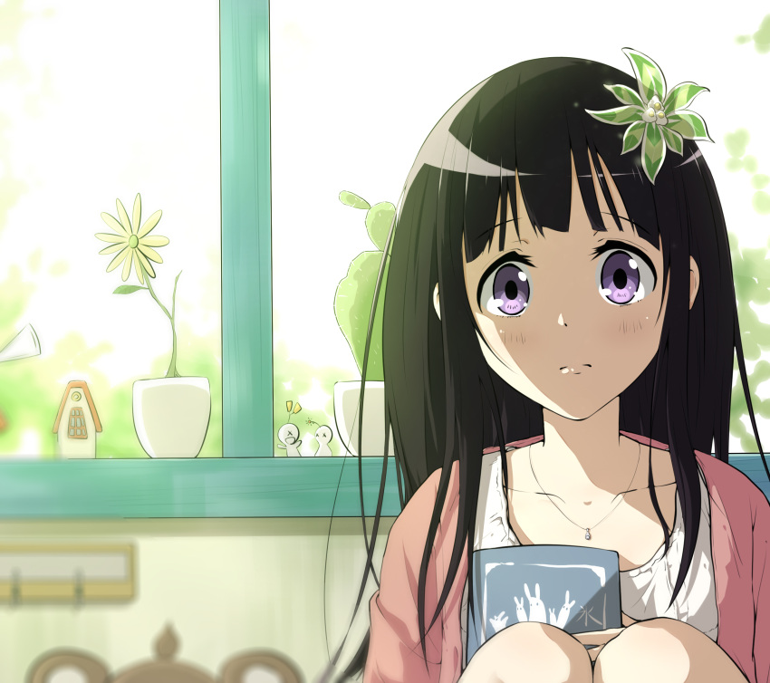 1girl bangs black_hair blunt_bangs blurry book cactus chitanda_eru closed_mouth collarbone commentary_request day depth_of_field doll eyebrows_visible_through_hair flower hair_flower hair_ornament highres holding holding_book hyouka indoors jewelry knees_up long_hair looking_at_viewer necklace pink_jacket plant potted_plant shirt solo tyts violet_eyes white_shirt window