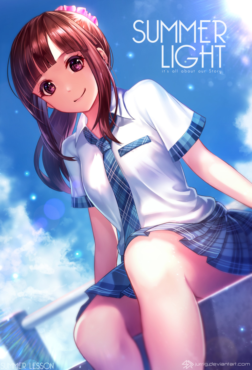 1girl blue_necktie blue_skirt blush brown_hair closed_mouth day deviantart_username eyebrows_visible_through_hair highres looking_at_viewer necktie outdoors pink_eyes plaid plaid_necktie plaid_skirt short_sleeves skirt smile solo summer summer_lesson un_s watermark web_address