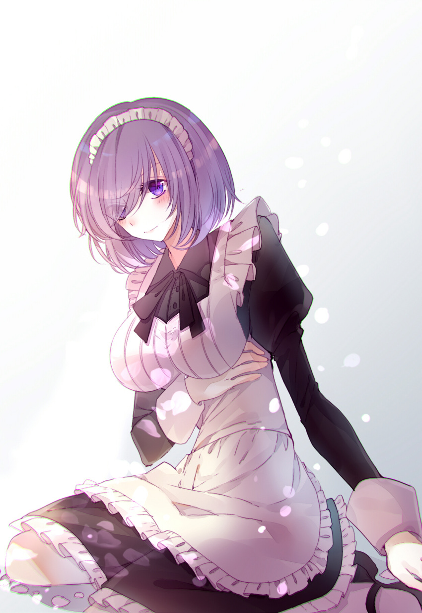 1girl alternate_costume apron baocaizi blush breasts closed_mouth enmaided eyes_visible_through_hair fate/grand_order fate_(series) hair_over_one_eye highres juliet_sleeves large_breasts long_sleeves looking_at_viewer maid maid_apron maid_headdress puffy_sleeves purple_hair shielder_(fate/grand_order) short_hair sitting smile solo violet_eyes white_apron