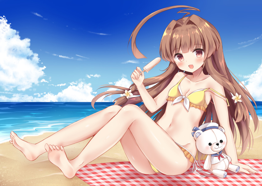 10s 1girl :d ahoge bare_arms bare_legs bare_shoulders barefoot beach bikini brown_eyes brown_hair collarbone eyebrows_visible_through_hair fang food holding holding_food kantai_collection kuma_(kantai_collection) long_hair masayo_(gin_no_ame) ocean open_mouth popsicle sitting smile solo stuffed_animal stuffed_toy swimsuit teddy_bear toes yellow_bikini