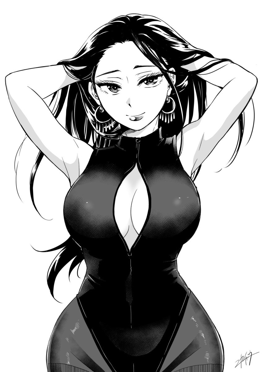 1girl armpits artist_signature bare_shoulders breasts cleavage commentary_request cowboy_shot dress earrings greyscale highres hips holding holding_hair jewelry large_breasts long_hair looking_at_viewer monochrome nikaidou_kou open_clothes open_dress original simple_background skin_tight smile white_background