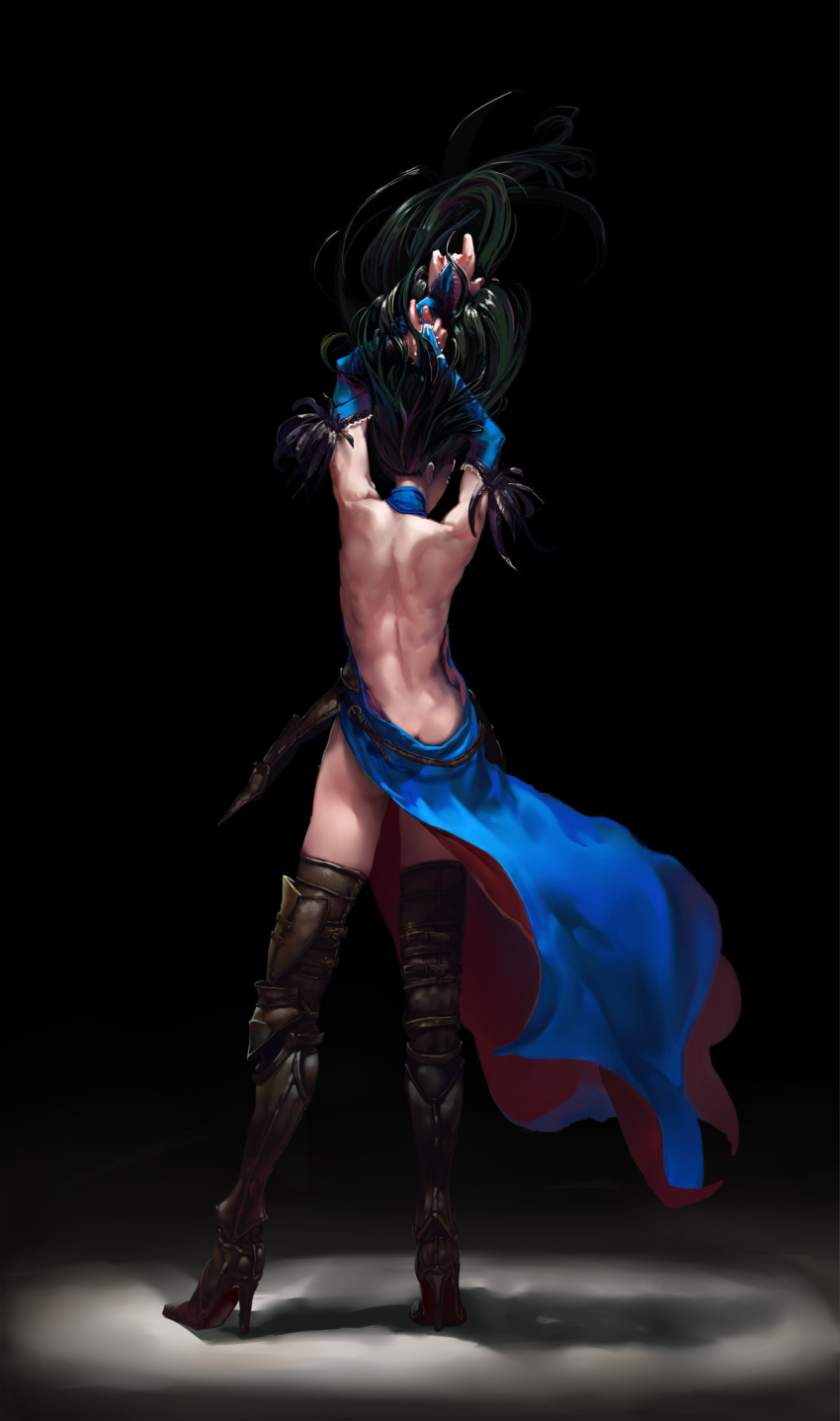 1girl arms_up ass back backless_outfit black_hair boots butt_crack castlevania castlevania:_order_of_ecclesia dark_background detached_sleeves from_behind high_heel_boots high_heels highres mkk shanoa solo thigh-highs thigh_boots toned