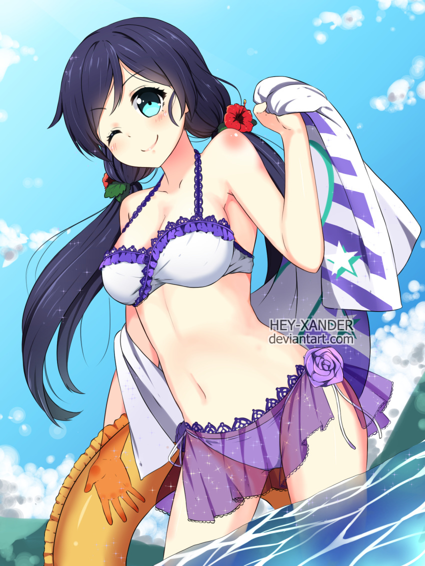 1girl bikini blue_eyes blush breasts cleavage collarbone deviantart_username eyebrows_visible_through_hair flower hair_flower hair_ornament hey_xander highres holding_innertube large_breasts long_hair looking_at_viewer love_live! love_live!_school_idol_project one_eye_closed purple_hair smile solo swimsuit toujou_nozomi twintails watermark web_address