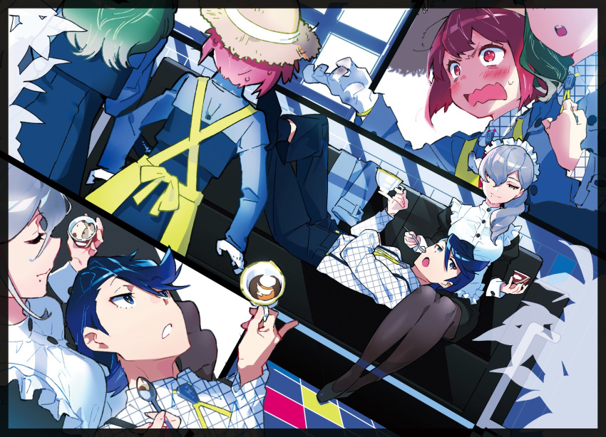 1boy 3girls apron black_border blue_hair blush bolo_tie border couch dirty feeding food gakuen_koushounin gloves green_hair hanasaki_kaori hat highres houjou_makoto ice_cream lap_pillow lying maid multiple_girls official_art on_back pink_hair pinky_out ponytail short_hair silver_hair sun_hat suspenders yoneyama_mai