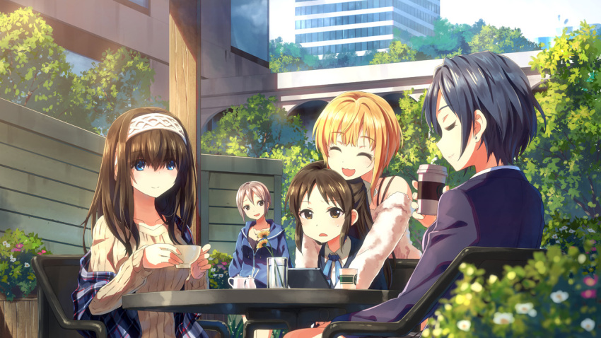 5girls ^_^ annoyed armchair artist_request bangs black_hair blazer blonde_hair blue_eyes blue_hair bra_strap brown_eyes brown_hair building bush chair city closed_eyes coffee coffee_cup commentary_request cup earrings flower grey_eyes hair_over_eyes hairband hayami_kanade hood hood_down hoodie hug hug_from_behind idolmaster idolmaster_cinderella_girls jacket jewelry long_hair miyamoto_frederica multiple_girls neck_ribbon off_shoulder open_clothes open_jacket open_mouth outdoors park plaid_jacket ribbon sagisawa_fumika shawl shiomi_shuuko short_hair silver_hair sitting smile standing stud_earrings sweater table tablet_pc tachibana_arisu teacup wall yuuki_tatsuya