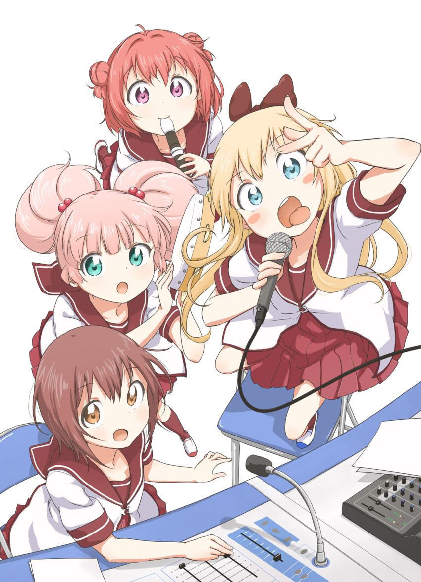 4girls 9so_(ponchon) ahoge akaza_akari aqua_eyes blonde_hair blue_eyes blush_stickers bow brown_eyes brown_hair chair double_bun funami_yui hair_bow hair_bun hair_intakes highres instrument looking_at_viewer microphone multiple_girls nanamori_school_uniform open_mouth pink_hair recorder recording_studio school_uniform serafuku short_hair tambourine tongue tongue_out toshinou_kyouko twintails violet_eyes yoshikawa_chinatsu yuru_yuri