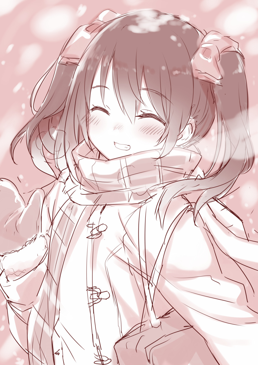 1girl ^_^ absurdres bag bangs blush breath closed_eyes coat duffel_coat eyebrows_visible_through_hair facing_viewer grin hair_between_eyes happy highres hiraga_matsuri love_live! love_live!_school_idol_project mittens monochrome open_clothes open_coat plaid plaid_scarf scarf school_bag shoulder_bag sketch smile solo teeth twintails upper_body yazawa_nico