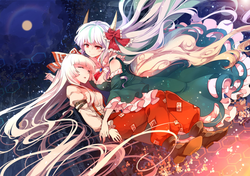 2girls absurdres bamboo bamboo_forest bow breasts brooch closed_eyes clouds dress ex-keine forest fujiwara_no_mokou full_moon green_dress hair_bow highres horn_ribbon horns jewelry juliet_sleeves kamishirasawa_keine large_breasts long_hair long_sleeves moon multiple_girls nature neckerchief night open_mouth pants puffy_sleeves red_eyes ribbon shirt silver_hair sky smile suspenders touhou very_long_hair yetworldview_kaze