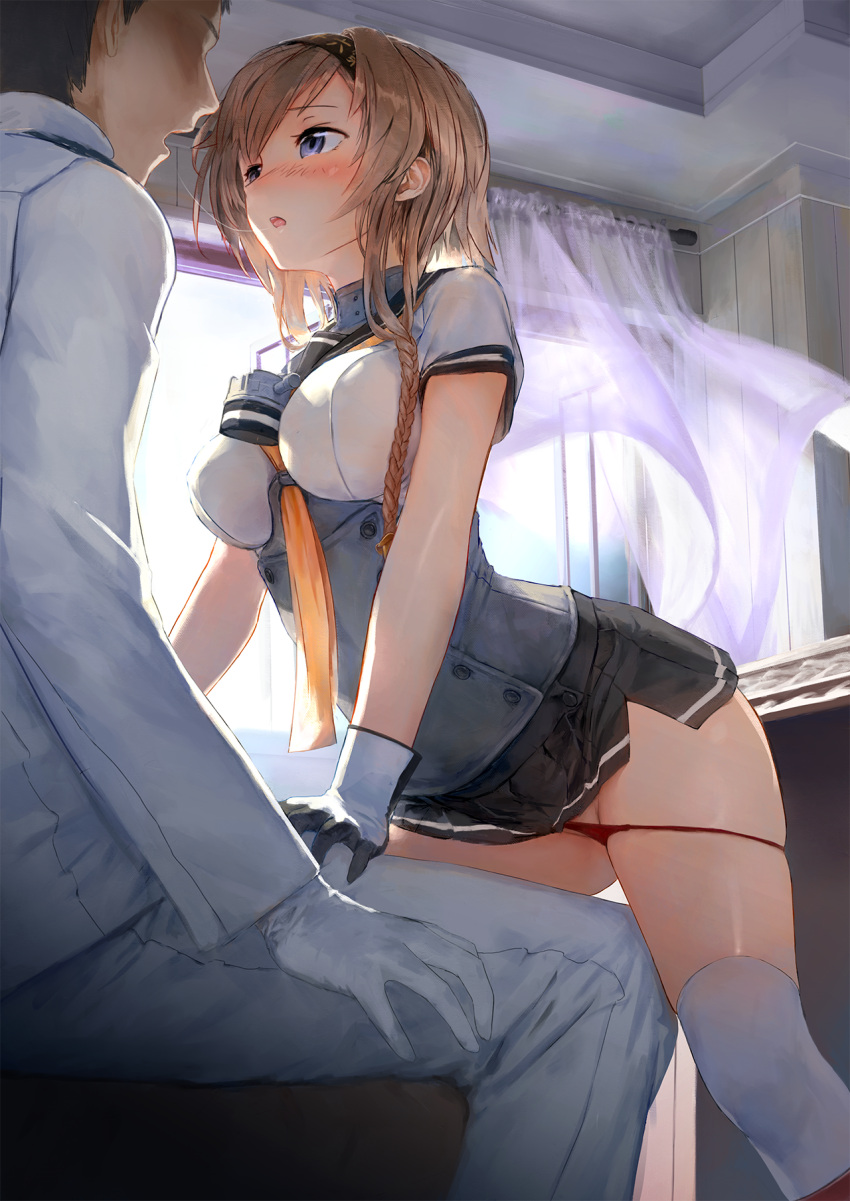 1boy 1girl admiral_(kantai_collection) arched_back between_breasts blue_eyes blush braid breasts brown_hair curtains eye_contact gloves hairband hand_on_another's_thigh hetero highres indoors kantai_collection leaning_forward looking_at_another medium_breasts miniskirt open_mouth panties panty_pull red_panties saliva saliva_trail short_hair_with_long_locks side_braid skirt teruzuki_(kantai_collection) thigh-highs treeware underbust underwear white_gloves white_legwear