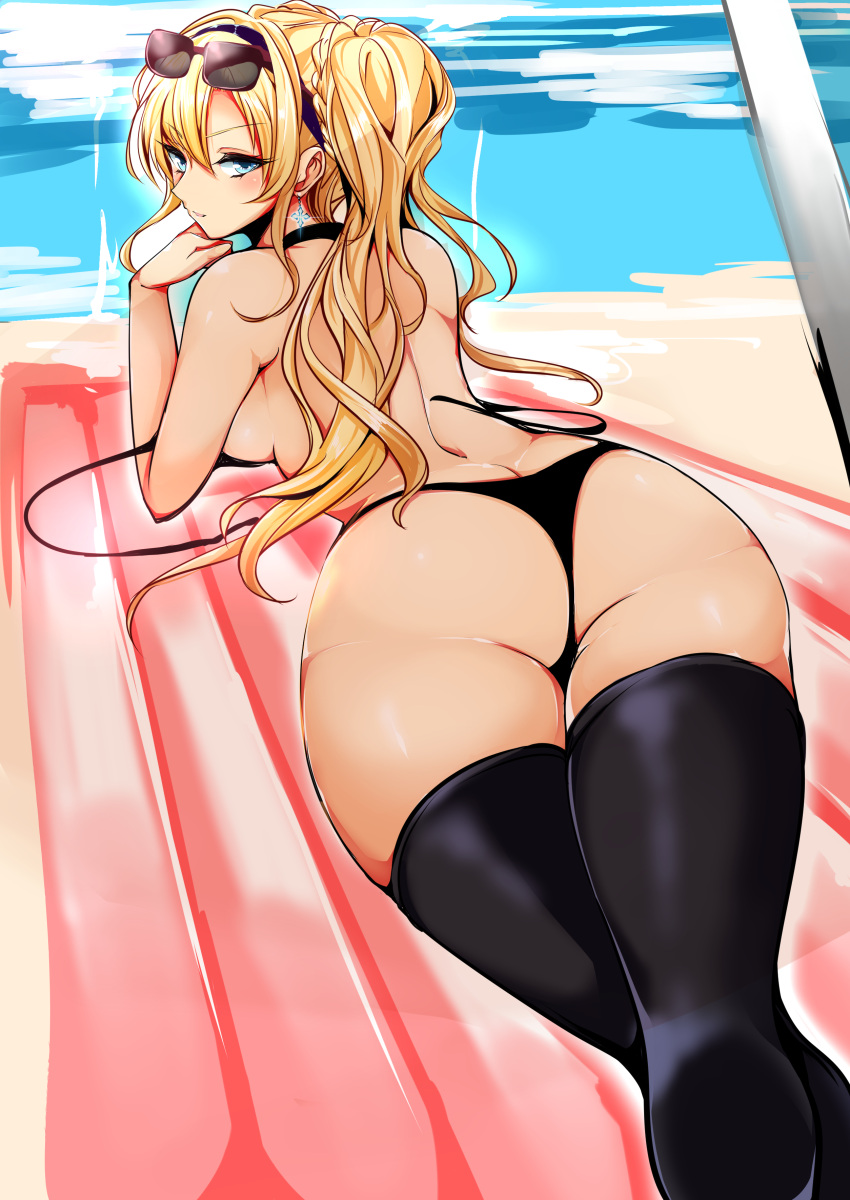 1girl absurdres agetama ass bare_shoulders beach black_legwear black_panties blonde_hair blue_eyes breasts choker earrings granblue_fantasy highres jewelry long_hair looking_at_viewer looking_back lying medium_breasts on_stomach panties sideboob solo staff sunglasses sunglasses_on_head swimsuit thigh-highs umbrella underwear zeta_(granblue_fantasy)