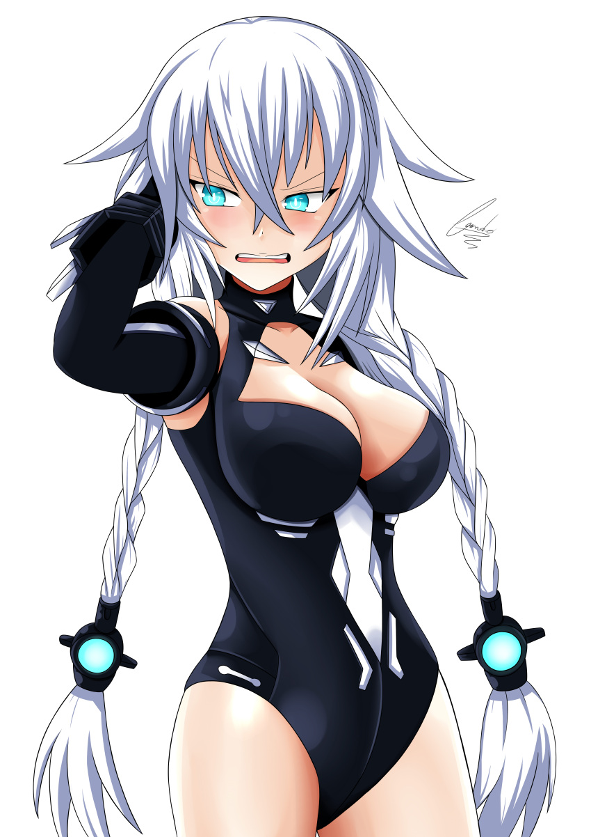 1girl absurdres alternate_hairstyle aqua_eyes bare_shoulders black_heart blush breasts cleavage cleavage_cutout cundodeviant elbow_gloves gloves hair_ornament halterneck highres leotard long_hair medium_breasts neptune_(series) open_mouth power_symbol solo symbol-shaped_pupils turtleneck twintails very_long_hair white_hair