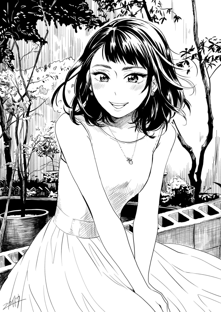 1girl :d artist_signature blush breasts commentary_request dress earrings greyscale highres jewelry looking_at_viewer monochrome necklace nikaidou_kou open_mouth original short_hair small_breasts smile solo tree upper_body