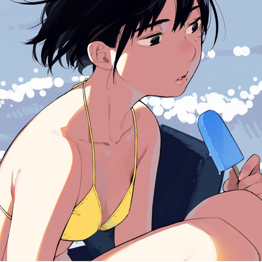 1girl bare_shoulders bikini black_eyes black_hair breasts commentary_request food halter_top halterneck highres holding lips mole mole_under_eye nose original ouchi_kaeru parted_lips popsicle short_hair small_breasts solo swimsuit upper_body water yellow_bikini