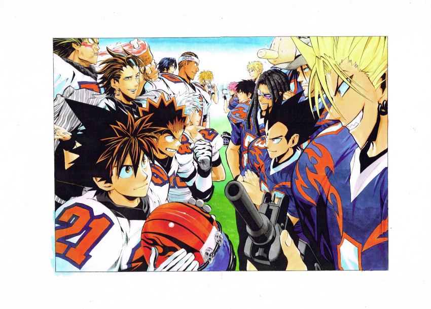 6+boys bandaid bandaid_on_nose black_eyes black_hair blonde_hair blue_clothes blue_eyes blue_hair boned_meat brown_eyes brown_hair character_request clenched_hand commentary_request determined earrings eating eyeshield_21 food football_helmet football_uniform grass grin gun headwear_removed helmet helmet_removed highres holding holding_food holding_goggles holding_gun holding_helmet holding_weapon jewelry kobayakawa_sena looking_at_another meat multicolored_hair multiple_boys murata_yuusuke pink_hair pointy_hair raised_fist rasta red_clothes red_helmet rifle scan sharp_teeth smile smug sportswear standing teeth weapon