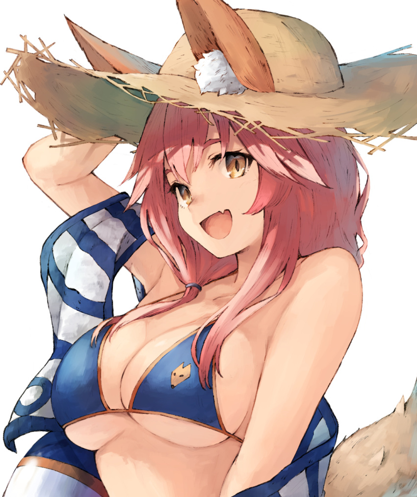 1girl :d animal_ears arm_up bikini_top blue_bikini_top breasts brown_eyes cleavage fang fate/grand_order fate_(series) fox_ears fox_tail hand_on_headwear hat highres innertube koretsuki_azuma large_breasts long_hair looking_at_viewer open_mouth pink_hair smile solo straw_hat sun_hat tail tamamo_(fate)_(all) tamamo_no_mae_(swimsuit_lancer)_(fate) upper_body