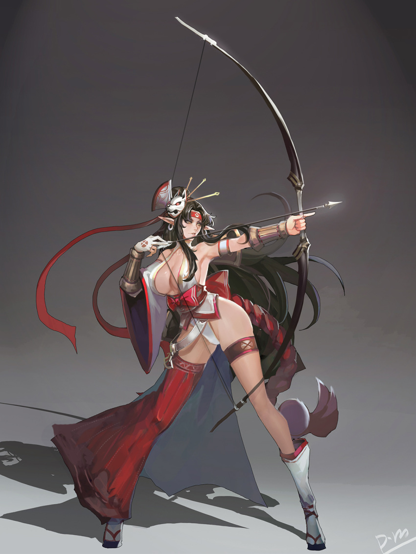 1girl aiming armpits arrow asymmetrical_clothes bare_shoulders black_hair bow_(weapon) breasts cleavage detached_sleeves elf fox_mask full_body gloves hachimaki headband highleg highleg_panties highres holding_bow_(weapon) japanese_clothes kimono large_breasts long_hair looking_away mask mask_on_head nontraditional_miko obi original panties parted_lips partly_fingerless_gloves pointy_ears ponytail sash short_kimono single_pantsleg single_sleeve smjim1986 solo standing tabi thigh_strap underwear vambraces very_long_hair weapon white_legwear white_panties wide_sleeves yellow_eyes yugake