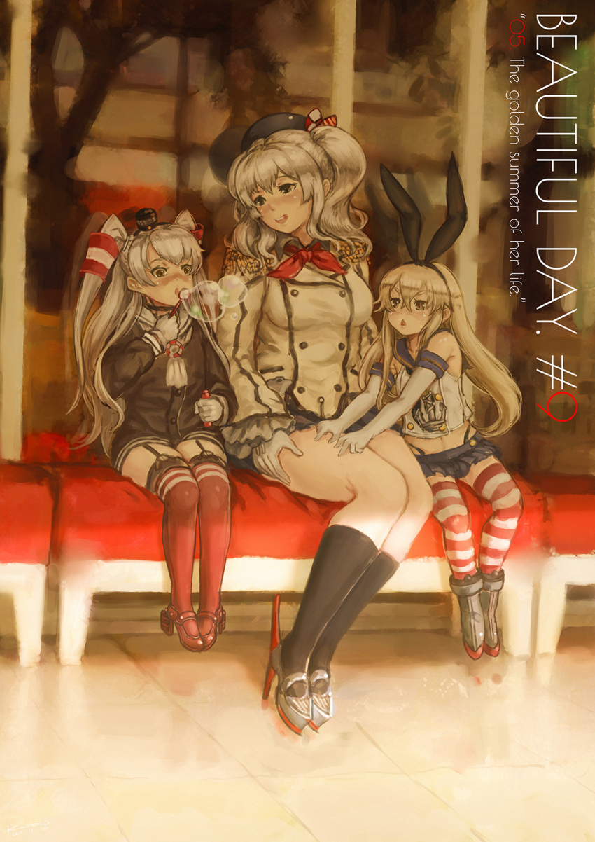 3girls amatsukaze_(kantai_collection) anchor anchor_hair_ornament bench beret blonde_hair bubble bubble_blowing choker commentary crop_top dress elbow_gloves english epaulettes frilled_sleeves frills garter_straps gloves hair_ornament hair_tubes hairband hat highleg highleg_panties highres kantai_collection kashima_(kantai_collection) kuon_(kwonchanji) lifebuoy long_hair microskirt military military_uniform multiple_girls open_mouth panties sailor_collar sailor_dress scarf shimakaze_(kantai_collection) shoes short_dress sidelocks silver_hair sitting skirt smile striped striped_legwear text twintails two_side_up underwear uniform wavy_hair white_gloves windsock