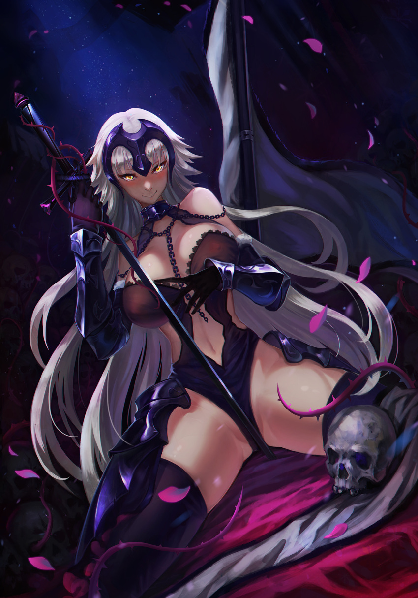 1girl bangs bare_shoulders black_gloves black_legwear black_leotard blush breasts chains closed_mouth commentary_request dutch_angle fate/apocrypha fate_(series) flag flagpole gauntlets gloves headpiece highres holding holding_sword holding_weapon karasu_kame_ex large_breasts leotard long_hair looking_at_viewer navel petals plant ruler_(fate/apocrypha) silver_hair skull smiale solo spread_legs sword thigh-highs thorns very_long_hair vines weapon yellow_eyes