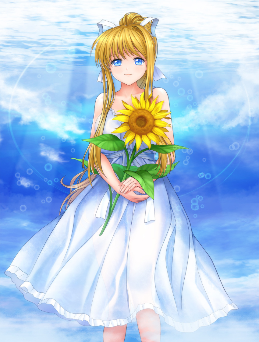 1girl air blonde_hair blue_eyes clouds cowboy_shot dinosaur dress flower hair_ribbon highres holding holding_flower kamio_misuzu looking_at_viewer mutsuki_(moonknives) ponytail ribbon smile solo standing sunflower white_dress white_ribbon