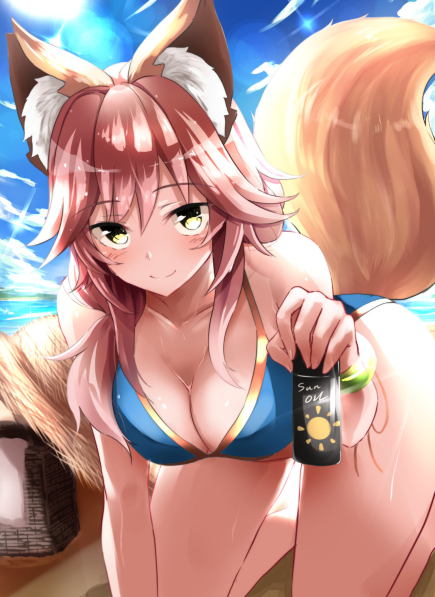 1girl absurdres all_fours animal_ears bikini blue_bikini blush breasts cleavage day fate/grand_order fate_(series) fox_ears fox_tail fuu_(fuore) highres large_breasts long_hair looking_at_viewer nature ocean outdoors pink_hair solo sweat swimsuit tail tamamo_(fate)_(all) tamamo_no_mae_(swimsuit_lancer)_(fate) yellow_eyes