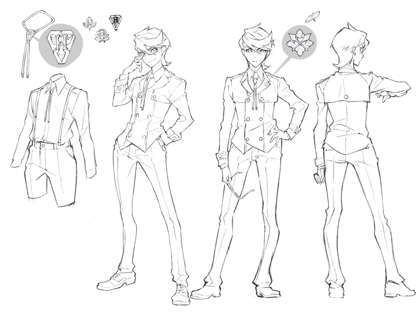 1boy adjusting_glasses bolo_tie contrapposto full_body gakuen_koushounin glasses glasses_removed greyscale hand_on_hip highres houjou_makoto male_focus monochrome multiple_views production_art reference_sheet short_hair simple_background suspenders turnaround white_background yoneyama_mai