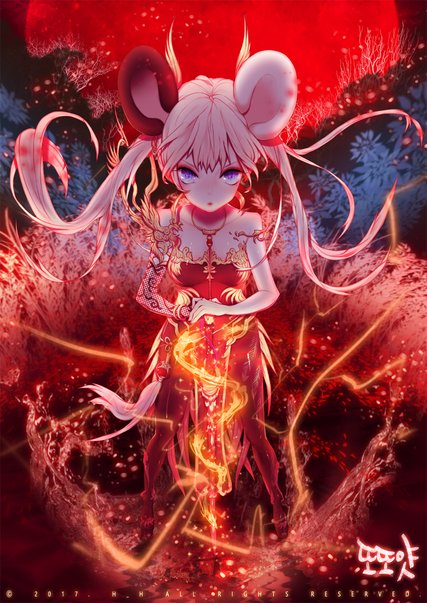 1girl animal_ears bear_ears black_legwear blade_&amp;_soul blue_eyes bracelet china_dress chinese_clothes collarbone dress fishnet_fabric full_body highres jewelry long_hair lyn_(blade_&amp;_soul) magic outdoors pantyhose ring shoes short_dress single_detached_sleeve solo sword tail twintails weapon white_hair