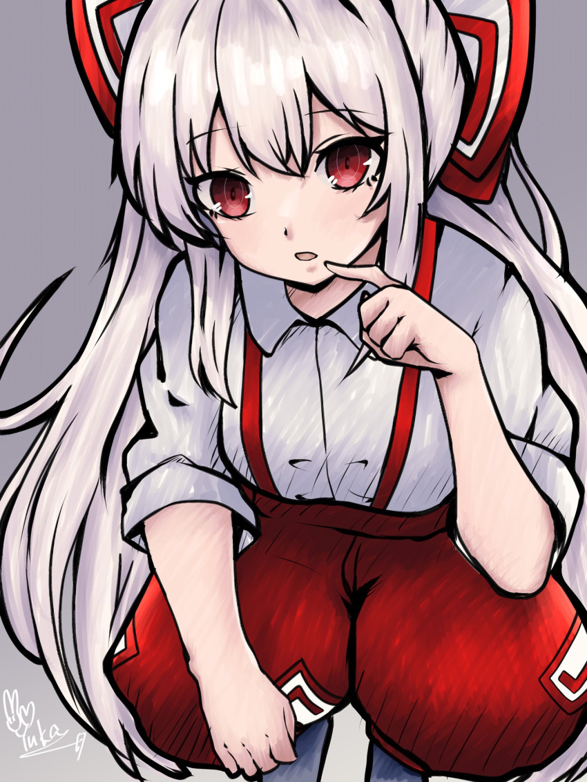 1girl bow clenched_hand collared_shirt commentary finger_to_mouth fujiwara_no_mokou grey_background highres long_hair ofuda ofuda_on_clothes open_mouth pants red_eyes red_pants shirt short_sleeves signature simple_background sitting tokoyuka_th touhou very_long_hair white_hair white_shirt