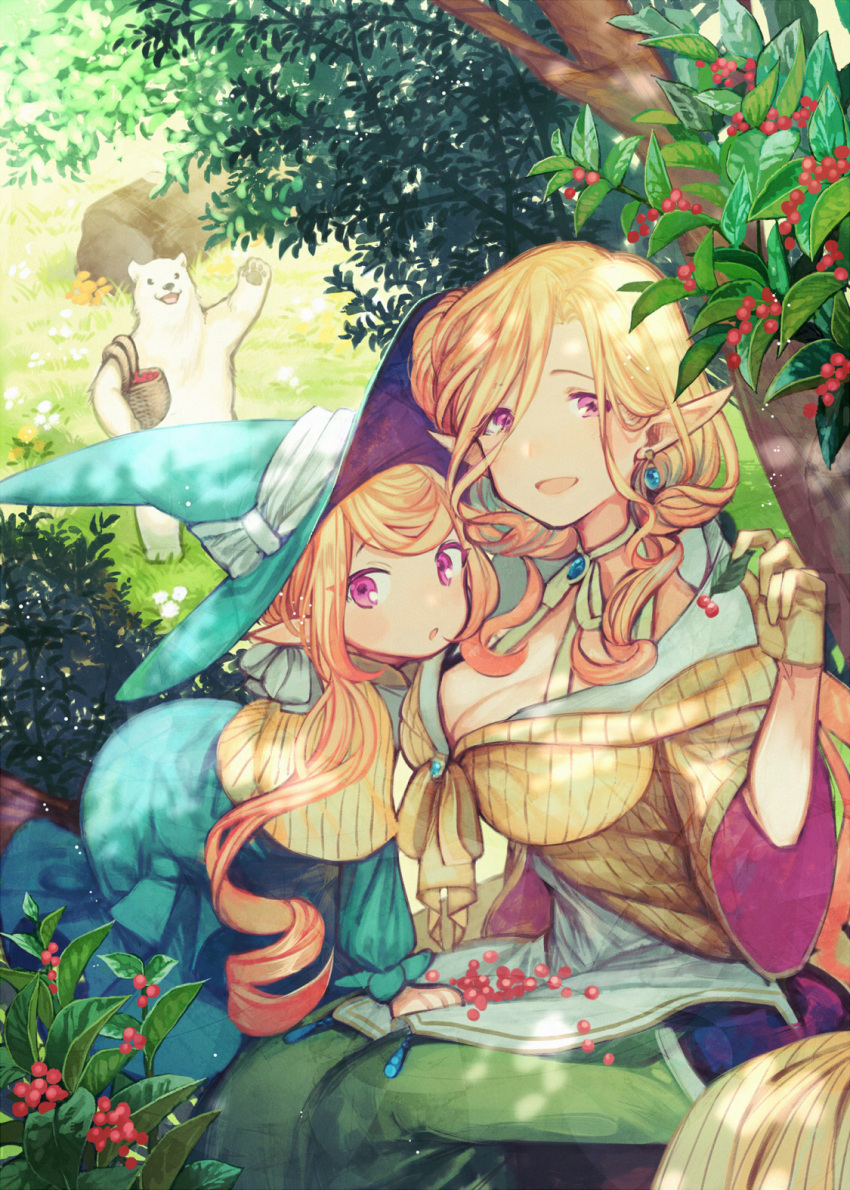 2girls :o age_difference basket bear blonde_hair branch breasts elf from_above gloves halterneck hat highres jewelry large_breasts looking_at_viewer mocco multiple_girls original pointy_ears smile tareme tree violet_eyes waving_arm witch_hat