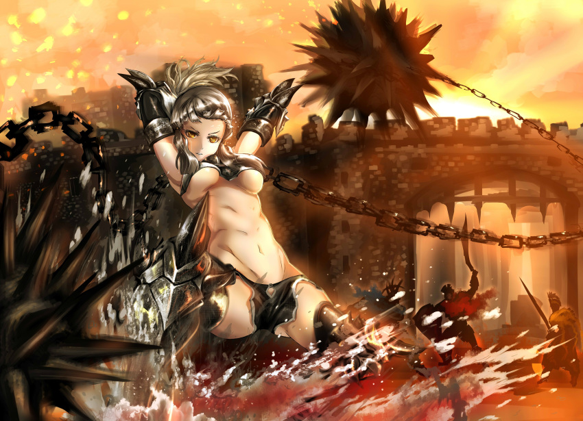 1girl absurdres armor armored_boots bangs berserker_of_el_dorado blunt_bangs boots breastplate breasts chains commentary_request fate/grand_order fate_(series) gauntlets highres navel outdoors penthesilea_(fate/grand_order) short_hair_with_long_locks spikes water weapon white_hair yellow_eyes zinz